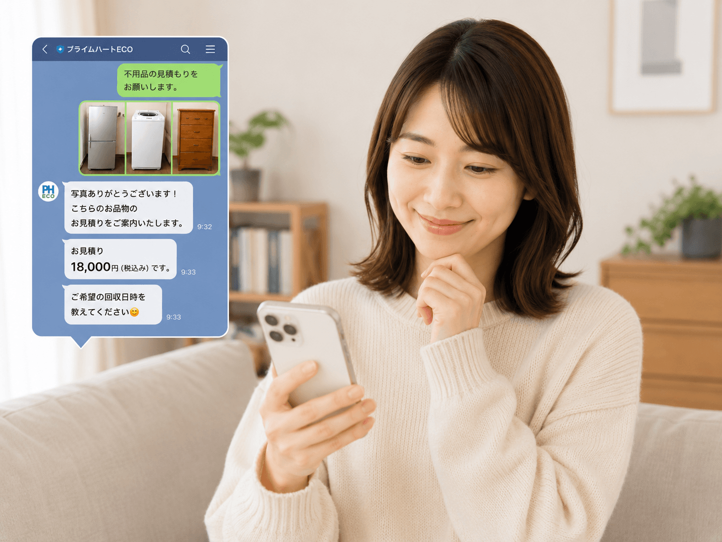 スマートフォンで不用品回収のオンライン見積もりを確認するイメージ