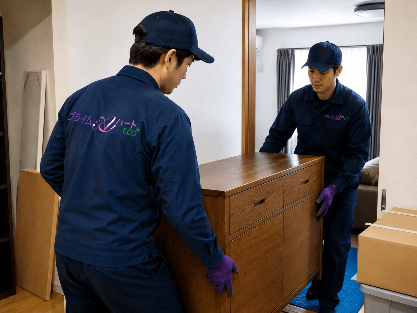 スタッフが家具を丁寧に搬出する作業イメージ